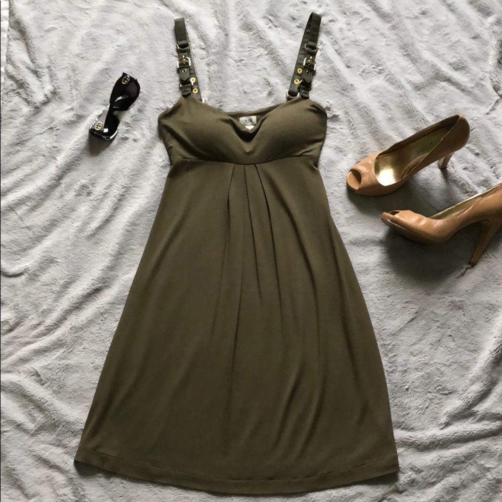 Cache army green mini dress w/ gold buckle straps